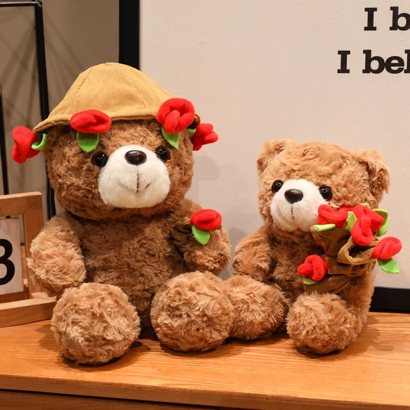 Plushy teddy bear with Flower hat/roses